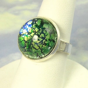 Adjustable Cocktail Ring Green Opal Glass Ring with Silver band Cocktail Ring