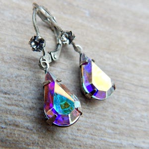 Swarovski Aurora Borealis Crystal Glass Drop Earrings with Antique Silver Setting and Earwire