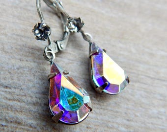 Swarovski Aurora Borealis Crystal Glass Drop Earrings with Antique Silver Setting and Earwire
