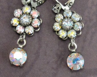 Crystal Drop Earrings Iridescent Clear Rhinestone Flowers