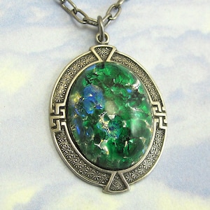 Opal Art Deco Necklace Vintage Glass Pendant on Antique Silver Chain
