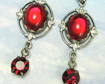 Red Drop Earring Victorian Silver Filagree Earrings