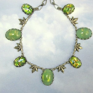 Green Necklace Vintage Celadon Glass in Antique Silver image 1