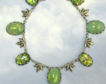 Green Necklace Vintage Celadon Glass in Antique Silver