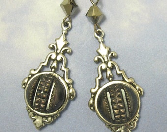 Steampunk Earrings Antique Victorian Button Dangle with Silver Filagree #26 Rare Authentic 1840-60's Victorian Button