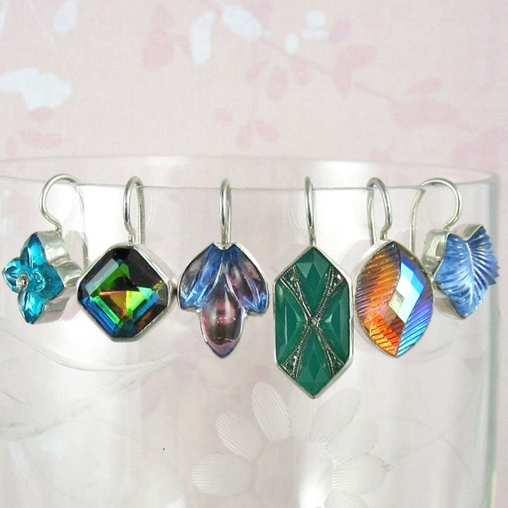 Boucles D'oreilles Vintage Pâte De Verre Multicolores Forme Feuille Argenté - Occasion