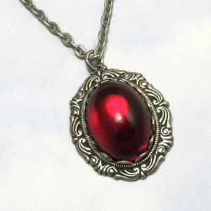 Red Gothic Necklace Vintage Glass Pendant on Antique Silver Chain Romantic Gothic