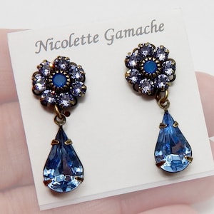 Blue Flower Earrings Post Drop Earrings Crystal Swarovski Rhinestone Flower Earrings