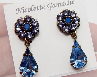 Blue Flower Earrings Post Drop Earrings Crystal Swarovski Rhinestone Flower Earrings