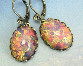Pink Dangle Earrings Large Opal Earrings Antique Silver Vintage Glass art deco earrings