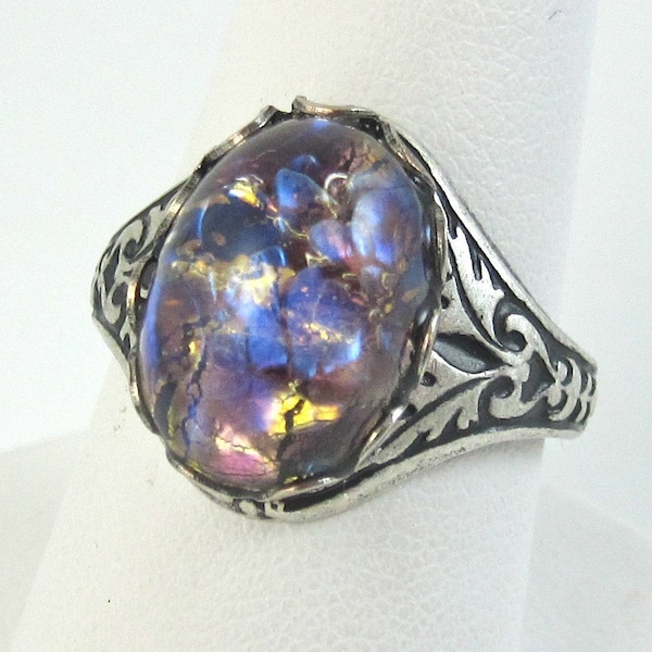 Verstelbare ring Vintage paars, blauw en goud glas vuuropaal met antieke zilveren filigraan band