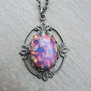 Fire Opal Pendant Art Deco Pink Vintage Glass Necklace on Silver Chain