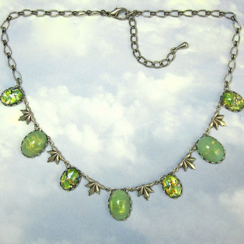 Green Necklace Vintage Celadon Glass in Antique Silver image 2