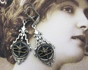 Steampunk Antique Button Dangle Earrings with Silver Filagree #24