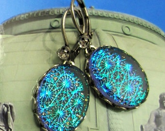 Teal Blue Green Starburst Vintage Glass Fire Opal Dangle Earrings Antique Silver Art Deco Earrings