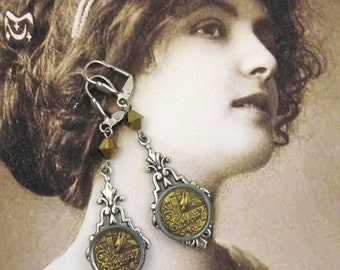 Steampunk Earrings Antique Victorian Button Dangle with Silver Filagree #25 Rare Authentic 1840-60's Victorian Button