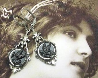 Steampunk Victorian Button Earrings Antique Silver Leaf with Silver Filagree Setting #33 Rare Authentic 1840-60's Victorian Button