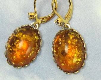 Amber Opal Earrings Vintage Glass Gold Rhinestone Earwires