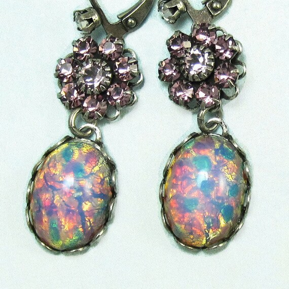 Flower Earrings Pink Fire Opal Vintage Glass Lavender - Etsy