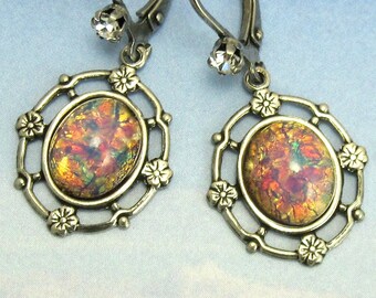 Pink Opal Earrings Vintage Glass Dangle in Antique Silver art deco earrings