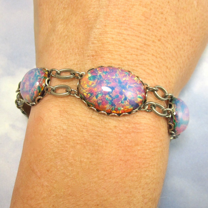 Fire Opal Bracelet Pink Bracelet Harlequin Vintage Glass in Silver image 2