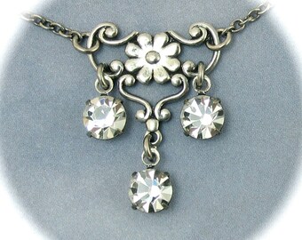 Clear Rhinestone Necklace Flower Filagree Pendant Bridesmaid Jewelry