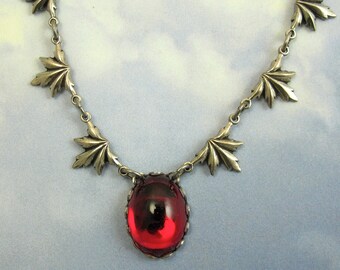 Red Gothic Vampire Necklace Blood Red Antique Silver Art Deco Jewelry Romantic Gothic