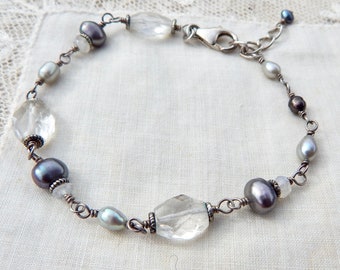 Pearl Bracelet Sterling Silver Wire Wrapped Grey Fresh Water pearls Quartz semi precious stones