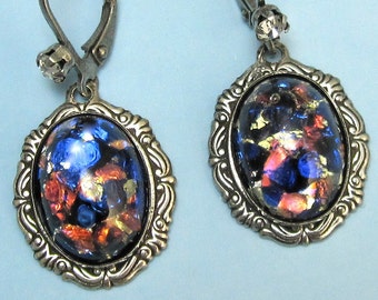 Opal Dangle Earrings Blue Orange Vintage Glass in Silver art deco earrings