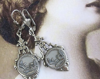Steampunk Antique Victorian Floral Button Earrings with Silver Filagree #36