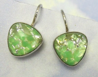 Vintage Glass Green and Gold Fire Opal Earrings set in Sterling Silver 381