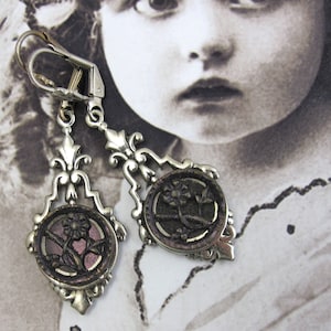 Steampunk Earrings Victorian Purple Flower Button with Gothic Silver Filagree #22