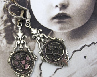 Steampunk Earrings Victorian Purple Flower Button with Gothic Silver Filagree #22