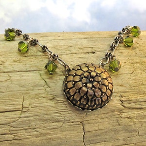 Vintage Bronze Victorian Button Necklace with Olive Green Swarovski Crystal Drops - Rare Authentic 1840-60&#39;s Victorian Button