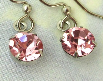 Pink Drop Earrings Silver and Light Rose Swarovski Rhinestone