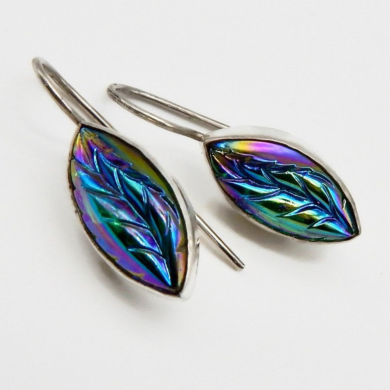 iridescent Green Leaf Earrings Art Deco Sterling Silver Vintage Glass Earrings 509 image 1