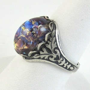 Adjustable Ring Vintage Purple, Blue , and Gold Glass Fire Opal with Antique Silver Filagree Band image 2