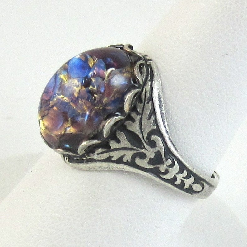 Adjustable Ring Vintage Purple, Blue , and Gold Glass Fire Opal with Antique Silver Filagree Band image 2