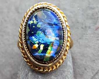 Vintage Ring Blue GLASS Opal Stone with Gold Band Size 6 1/2