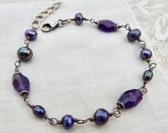 Amethyst Pearl Bracelet Sterling Silver Wire Wrapped  Fresh Water Pearls  semi precious stones