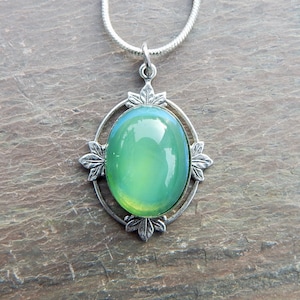 Fire Opal Pendant Art Deco Pink Vintage Glass Necklace on Silver Chain