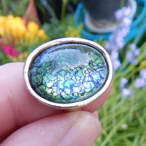 Green Fire Opal Glass Ring Adjustable Cocktail Ring Vintage Stone Silver Ring