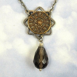 Gothic Rose Antique Victorian Button Smoky Quartz Drop Necklace Antique Silver N-57