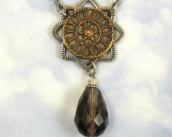 Gothic Rose Antique Victorian Button Smoky Quartz Drop Necklace Antique Silver N-57