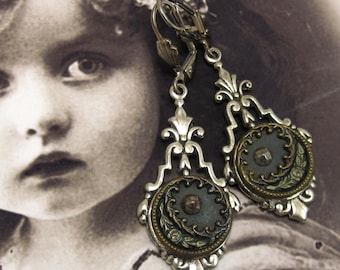 Steampunk Earrings Blue Floral Antique Victorian Button with Romantic Antique Silver Setting and Earwire #40