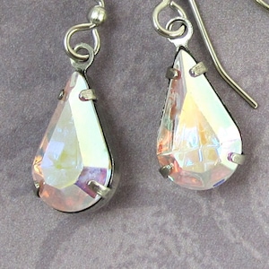 Iridescent Clear Crystal Glass Drop Earrings with Silver