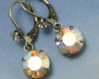 Irisada cristal Swarovski Rhinestone pendientes con antiguos plata Earwires