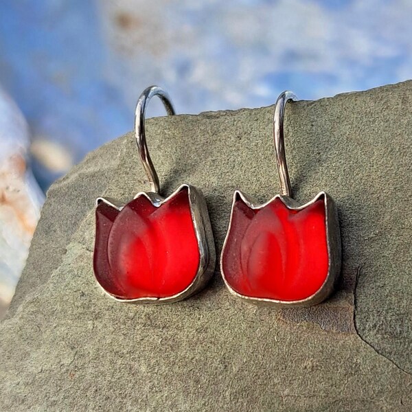 Red Tulip Earrings Lalique Inspired Art Deco Red Sterling Silver Tulip Earring