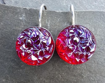 Sterling Silver Earrings Red Vintage Glass Earrings Art Deco Earring 599