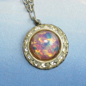 Fire Opal Pendant Necklace Iridescent Pink Vintage Glass Pendant on Silver Chain